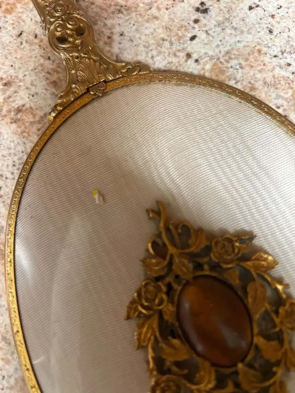 Vintage Ornate Gilt Bronze Hand Held Vanity Mirror Cream m Cabochon Stone